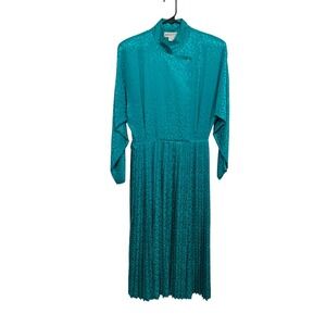 Vintage Argenti Teal Silk Pleated Midi Dress 10 High Neck Elegant Retro‎ Classic